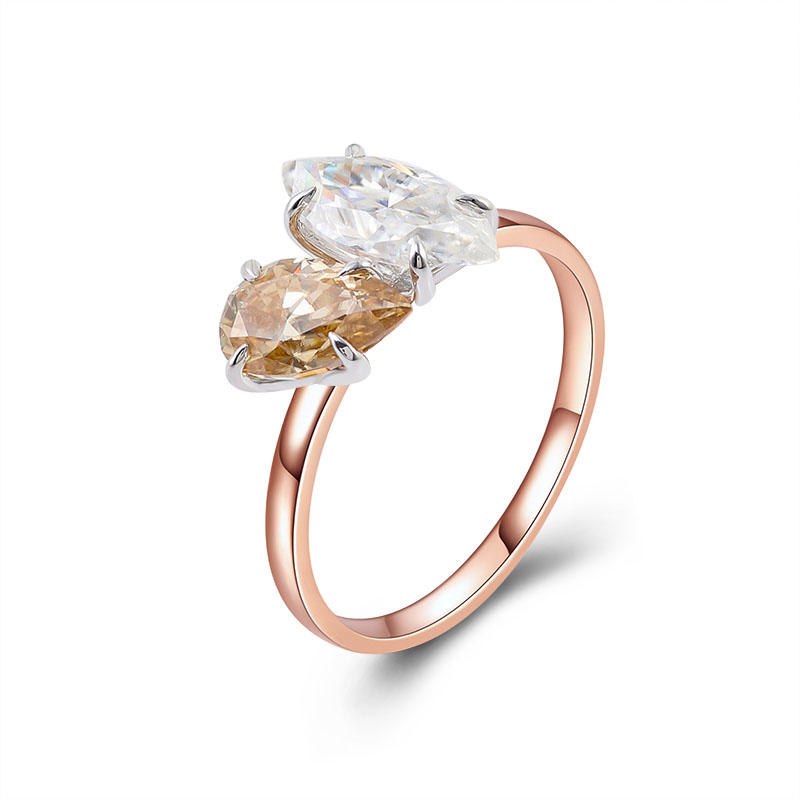 Trendiger Verlobungsring aus 14 Karat Gelbgold mit 2 Karat Marquise-<000000>Birnenschliff und Champagner-Moissanit 10