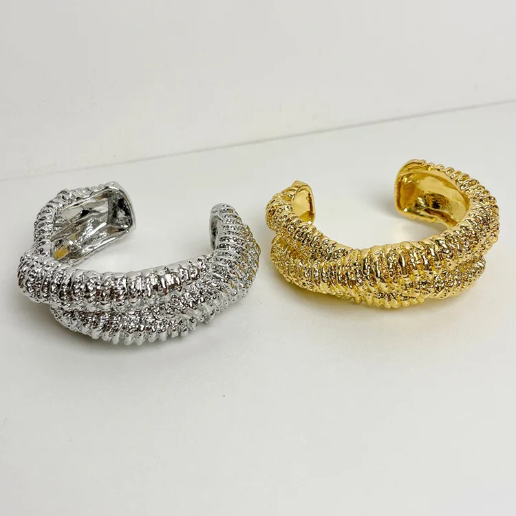 2024 New Arrival Middle Ancient Style Gold Wrapped Lava Opening Wide Edition Irregular Striped Knot Bracelet For Women 1