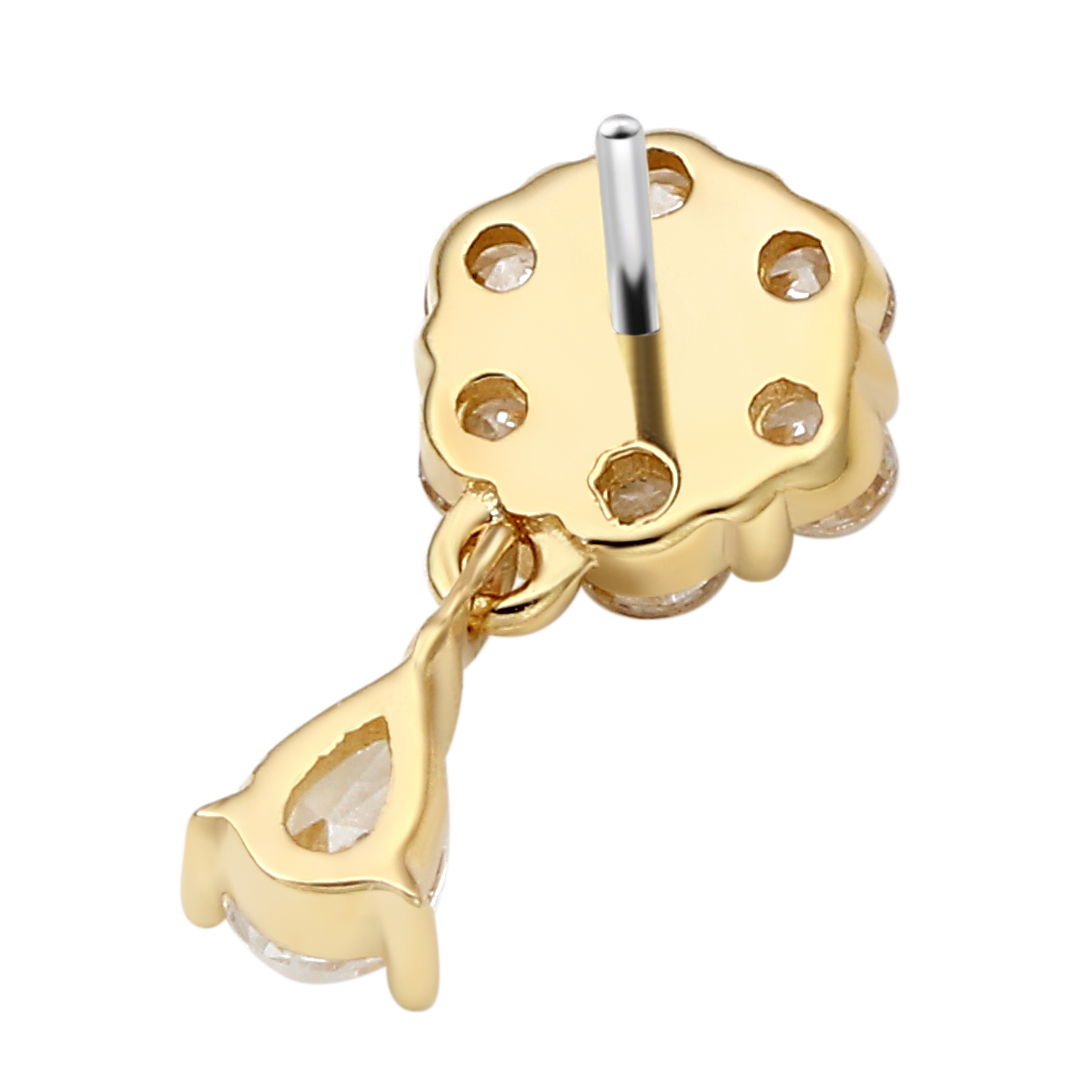 Eternal Metal 14k Solid Yellow Gold 5a Paved Tear Drop Dangle Navel<000000>ear Piercing Nose Jewelry Threadless Push In Ends Tops 6