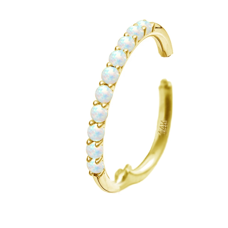 Eternal Metal 14k Gold 16g Synthetic Opal Front Side Paved Nose Hoop Hinged Segment Ring Body Jewelry 1