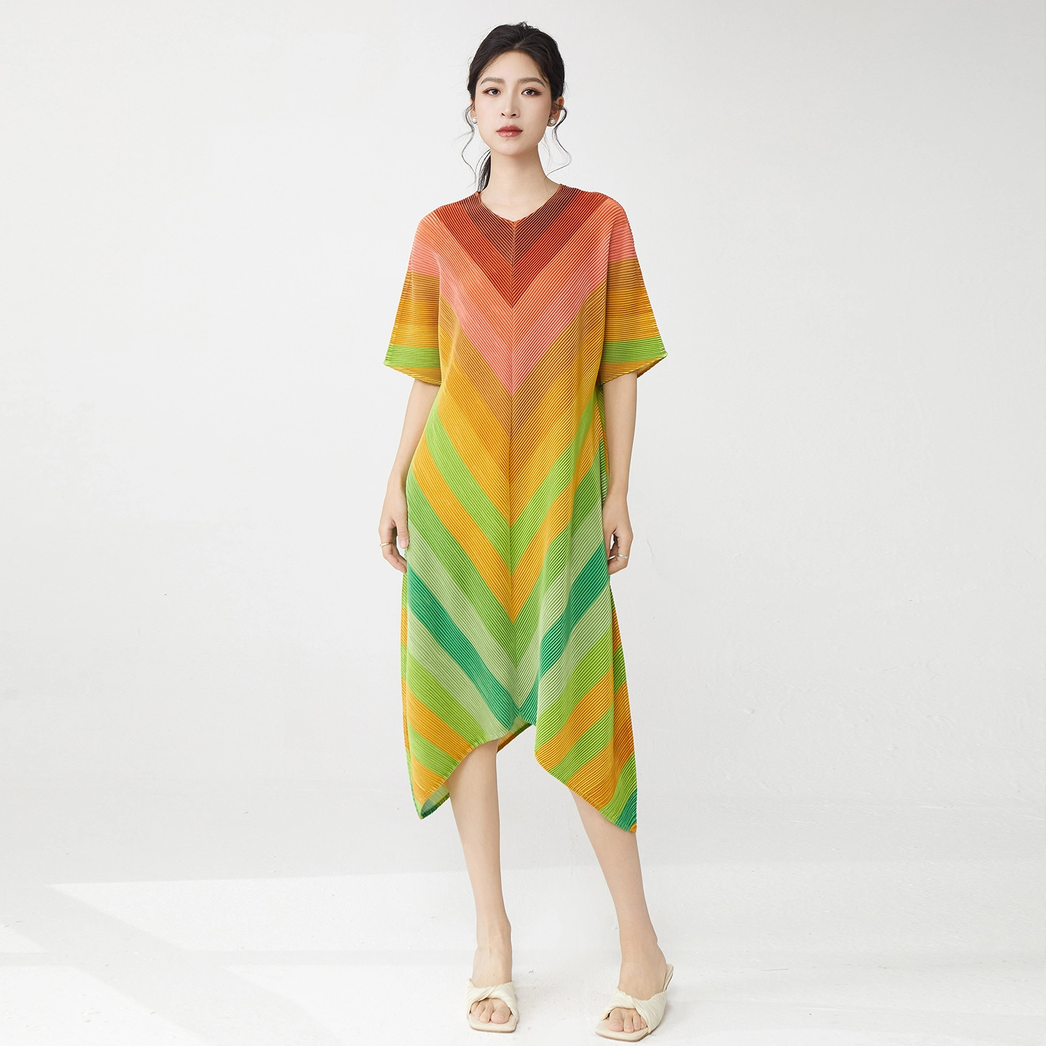 Latest Women's Elegant Miyake Pleated Dress – Irregular V-Neck Design, Summer Casual & Stylish | OEM/ODM Available 1