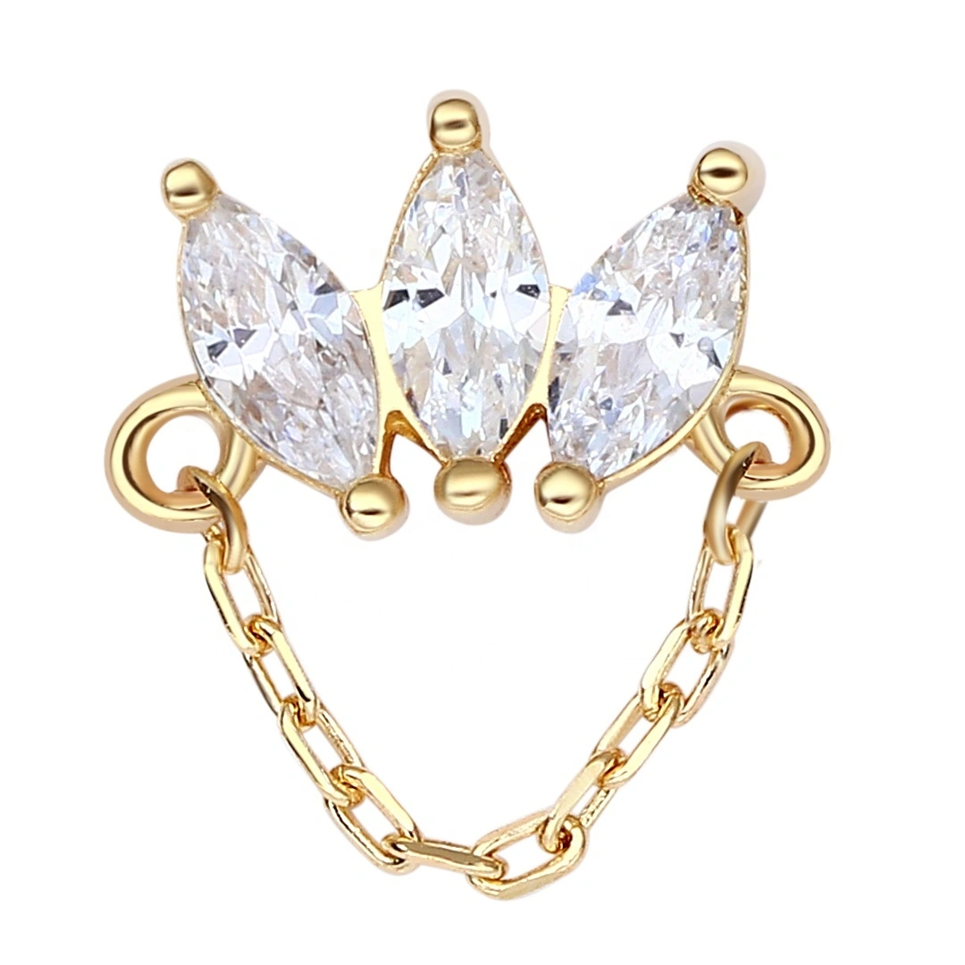 Eternal Metal 14k Solid Gold Marquise Cut Threadless Ends With Chain Piercing Jewelry 1