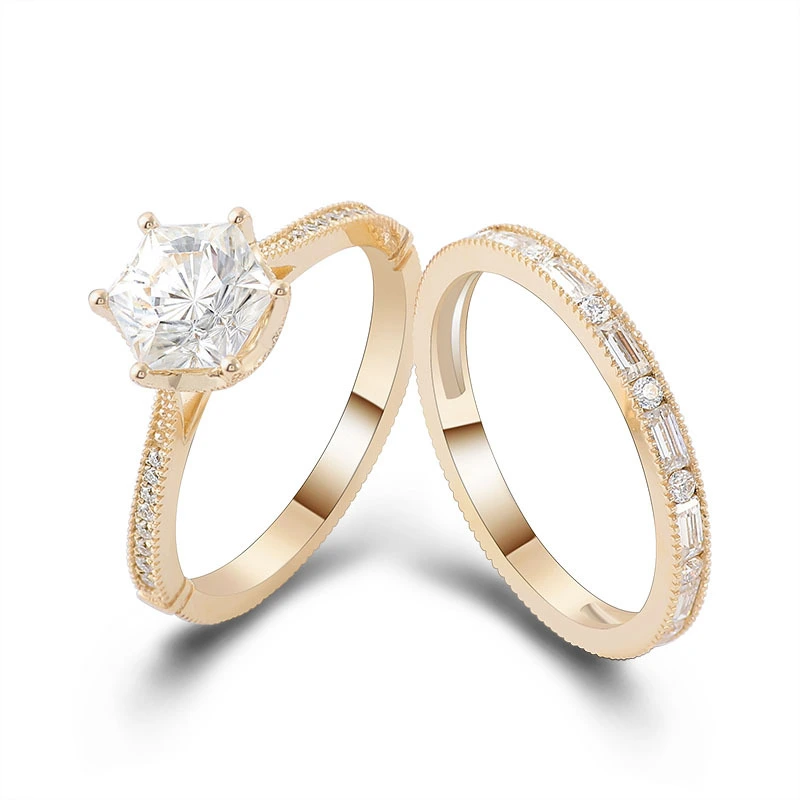4K Gold Bridal Set Hexagon MOISSANITE RINGE DE CONTIGURACIÓN DE ENTERNA Vintage Eternity Diamond Band Cathedral Perfil Anillo de Milgrain 1