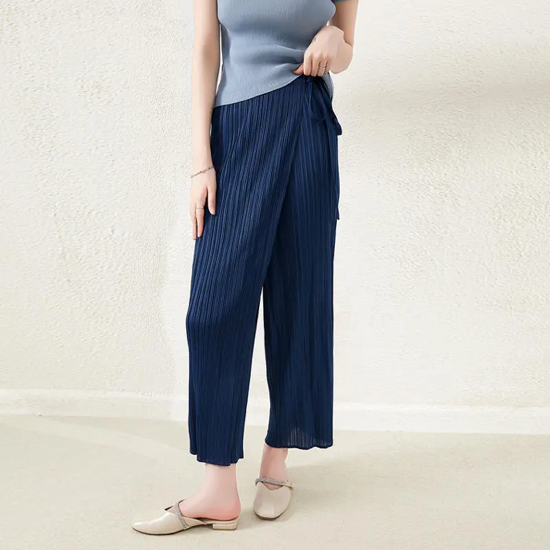 Designer Pleated – Unique Styles for Boutique Stores Summer Women's Miyake Wide Leg Pants Elastic Waist Pleated Wide Leg Pants Fashion Casual Pants 1