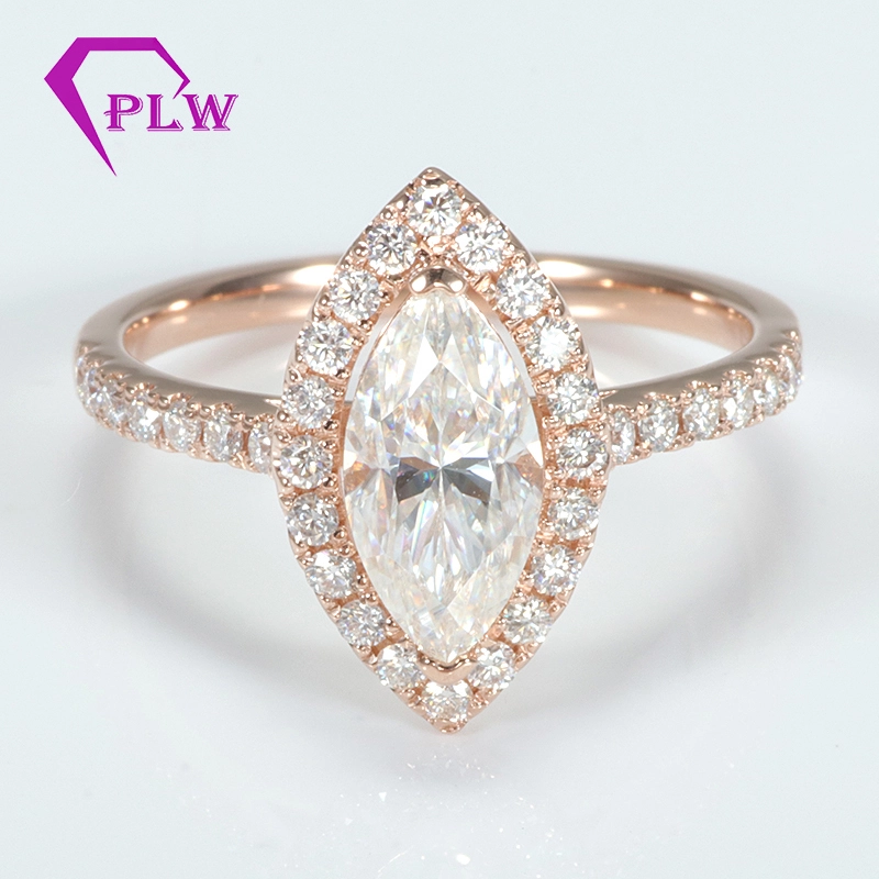 Le moins cher 9 carat rose or def 1.5ct de marquise brillante coupe solitaire avec accent halo simulé la bague de mariage en diamant Moisanite 1