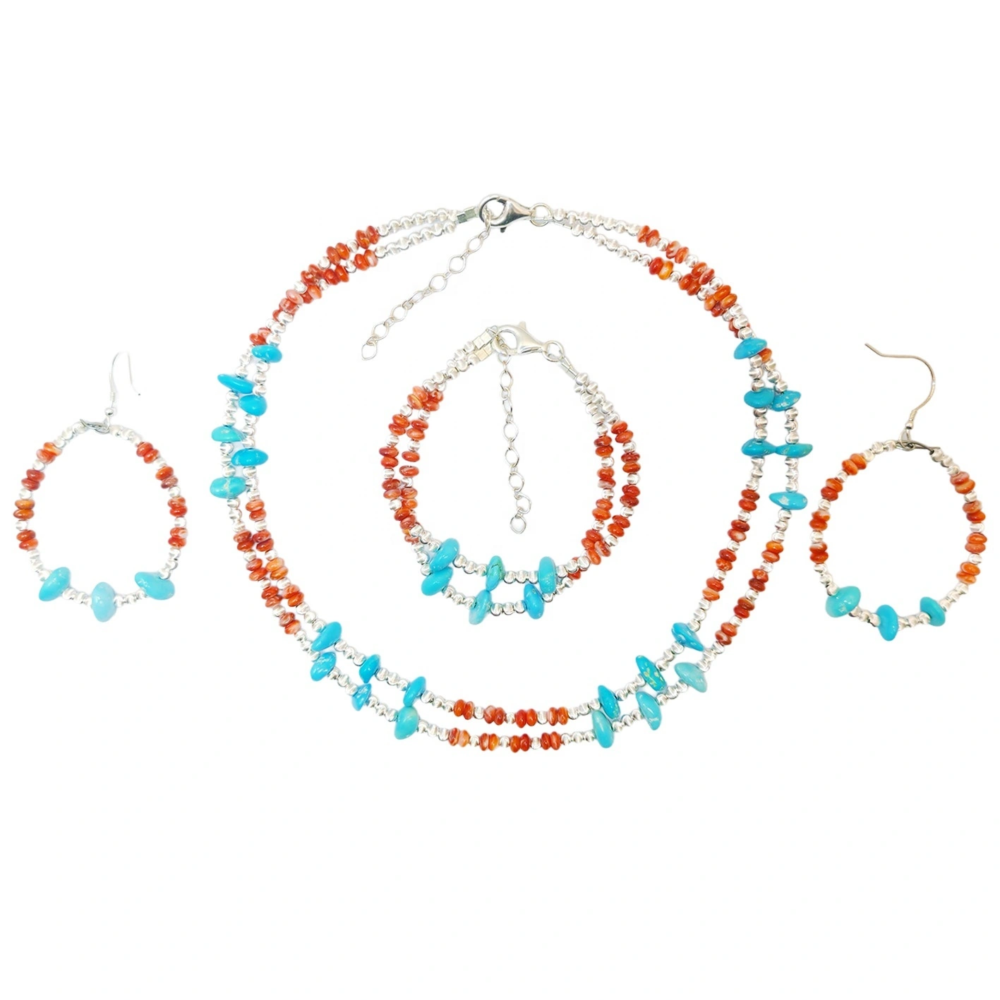 Natural Turquoise Premium Women's Set Necklace Earrings Bracelet Pair With Delicate S925 Silver And Natural Red Spiny 1