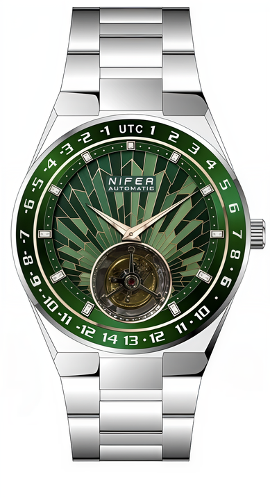 Nifer Herren-Skelettuhr mit achteckigem Zifferblatt und GMT-Funktion, radial strukturiertem Zifferblatt, Edelstahlarmband, wasserdicht bis 5 ATM, luxuriöse Sport- und Businessuhr 3