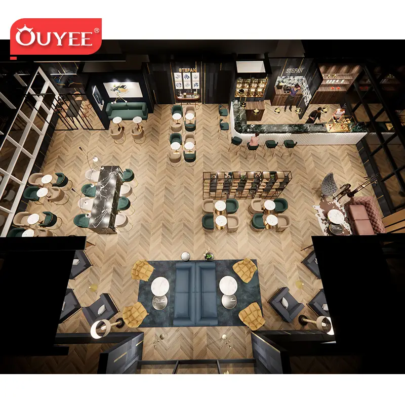 Café-Theke, Holz-Couchtisch &amp; Café-Sofa-Sitzgruppe – Innenbereich 1