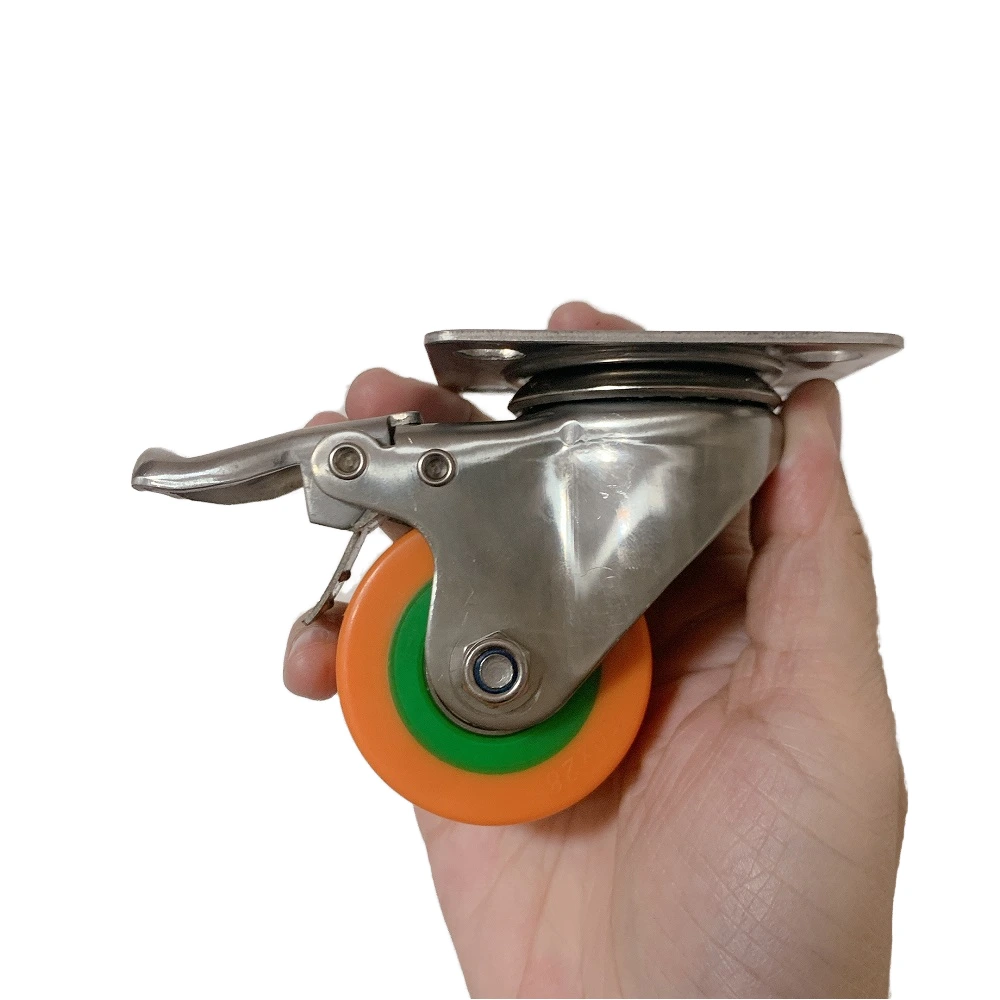 50mm Stainless Steel Heavy Duty Pu Casters Wheel With Brake 2 Inch Low Gravity Pu Casters Wheel With Double Bearing 1