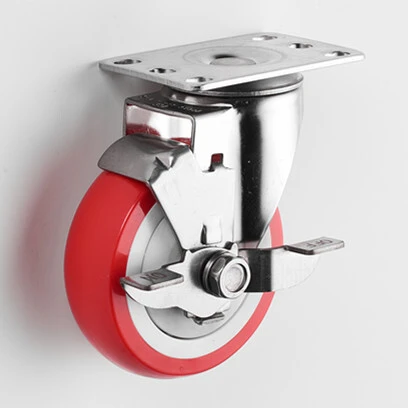 Caster Manufacturer Industrial 4 Inch Swivel Side Brake And Lock Red Pu Wheel Stainless Steel 304 Caster Wheel 1
