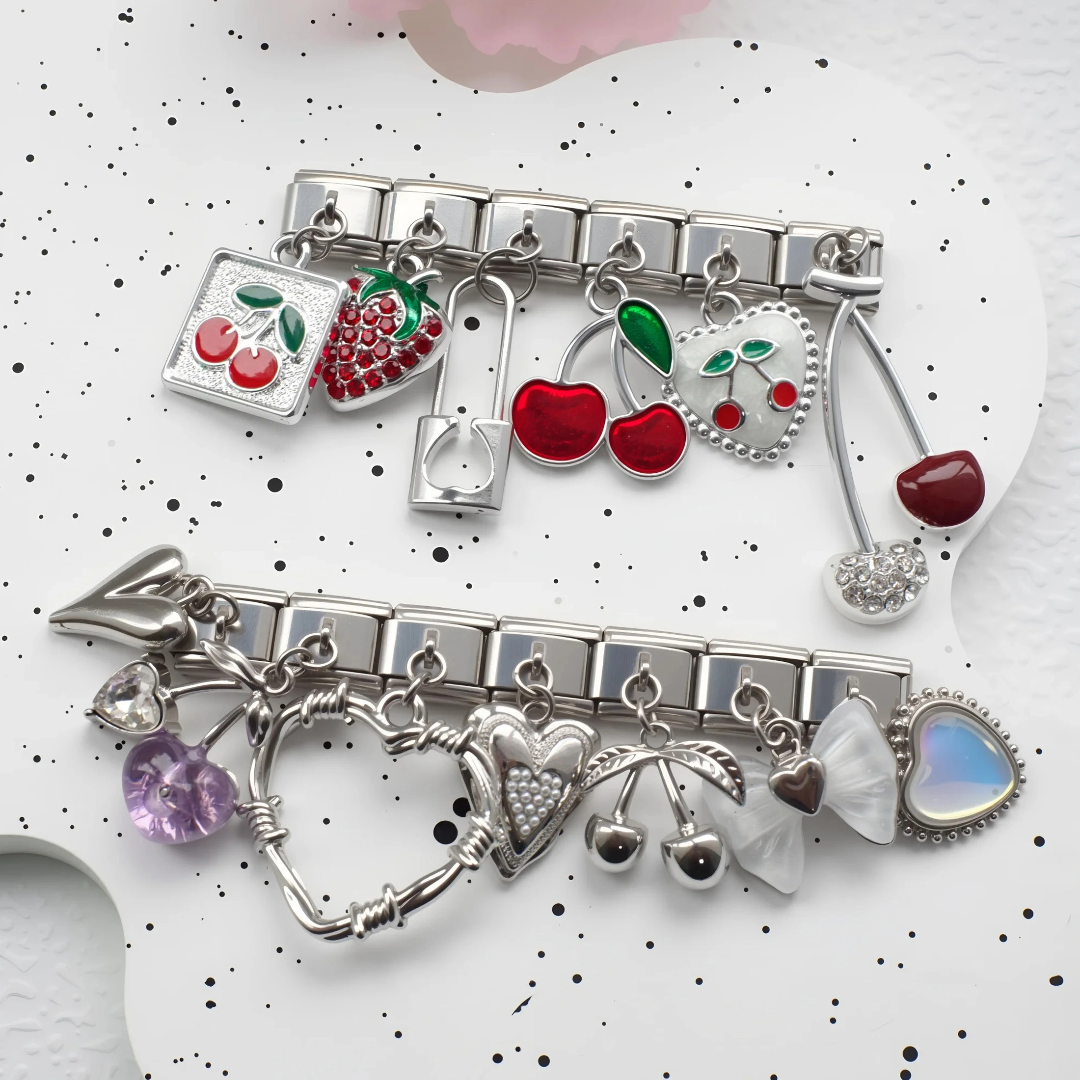 Fashion Unique Design Italian Charm Silver Cherry Heart Lock Fruit Series Pendant 304 Stainless Steel Bracelet 9mm * 10mm Module 1