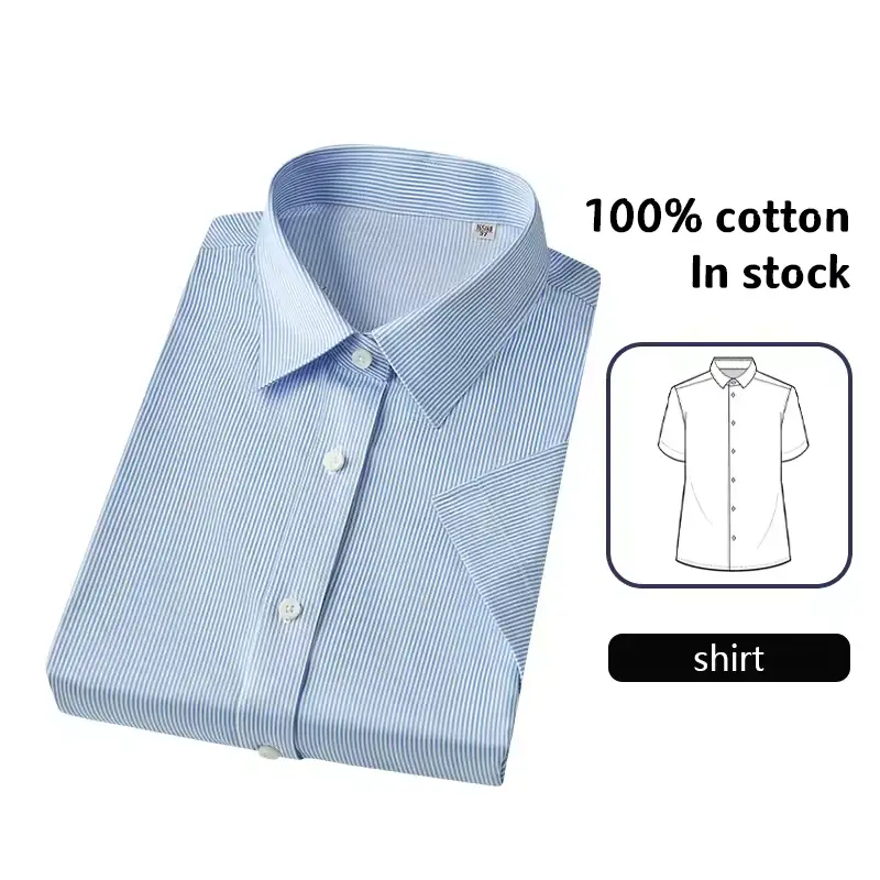 MTWD1033 Camisa de negocios azul de manga corta 100% algodón bordada para mujer 1