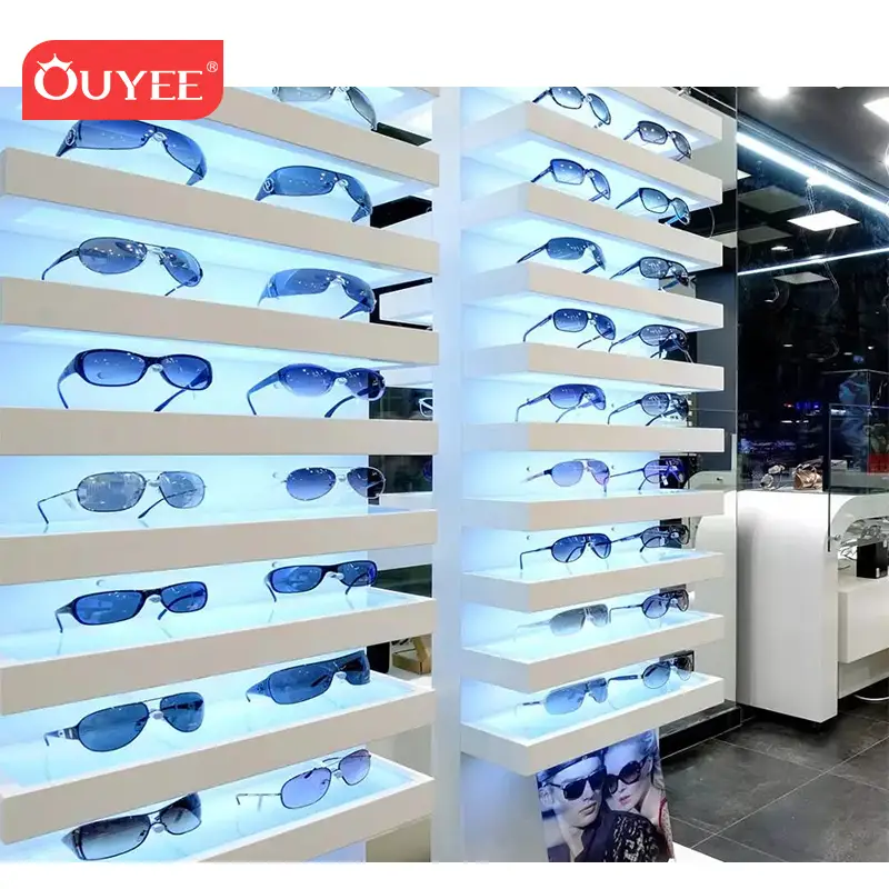 Vitrine de parede de madeira para ótica, expositor de óculos de sol. 1