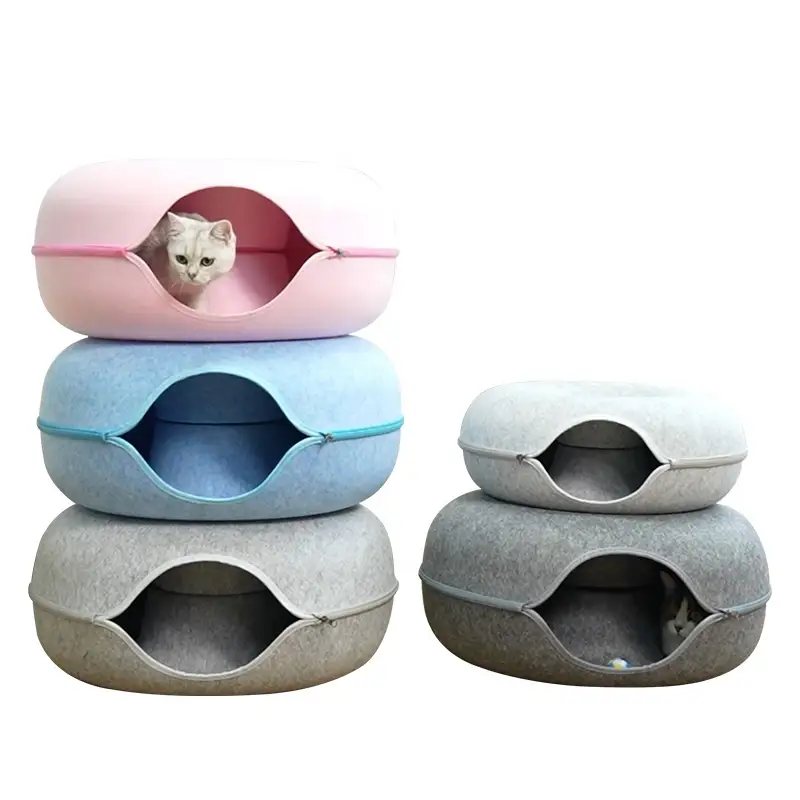 Panier pour chat à double couche avec tunnel en feutre amovible et nid en forme de donut lavable 1