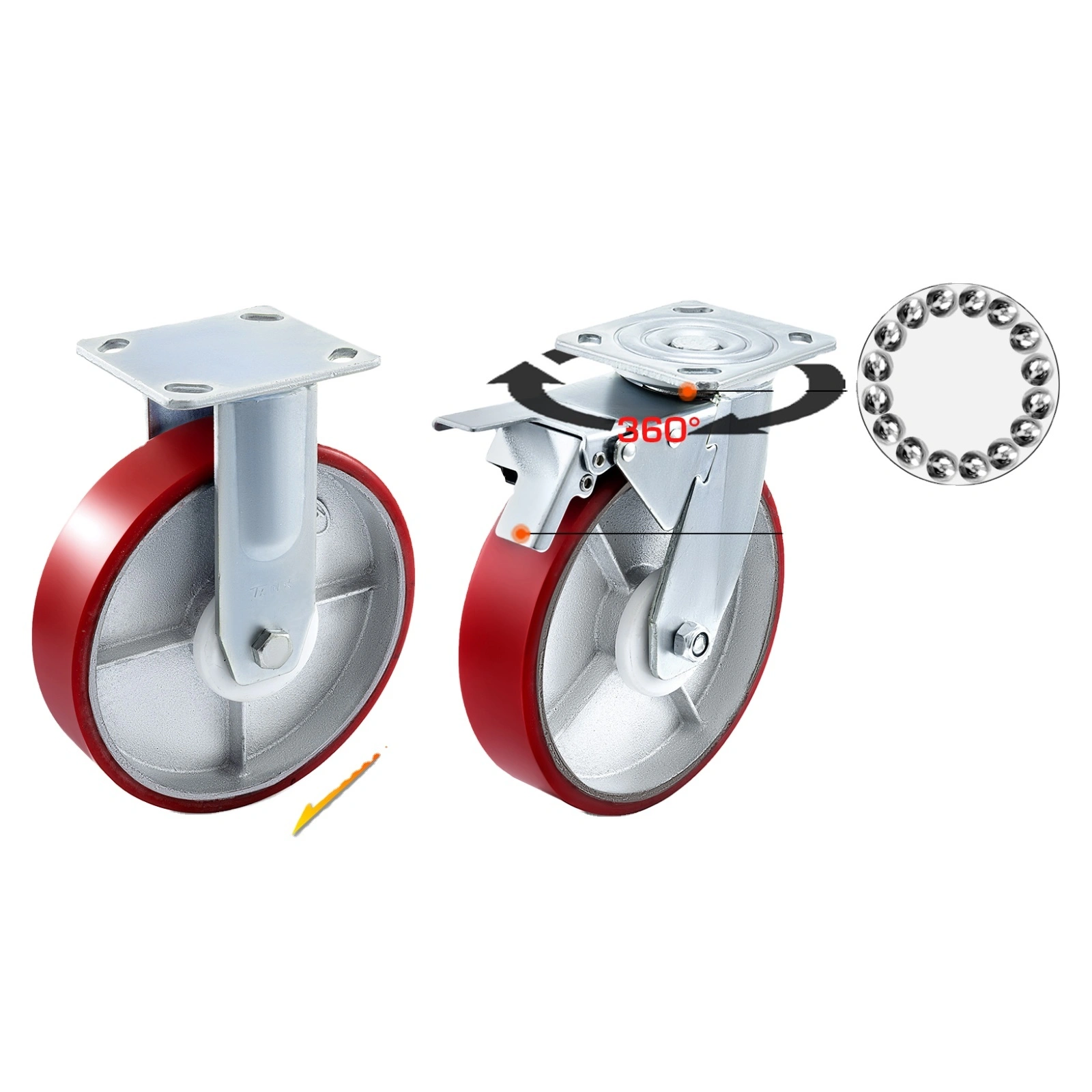 3 4 5 6 8 10 12 Inch Swivel Rigid Side Brake Heavy Duty Non Marking Industrial Cast Iron Core Pu Polyurethane Caster Wheel 1