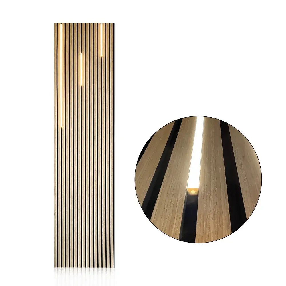 Painéal Fuaimiúil Adhmaid Slatáilte Peataí 3T Painéal Balla Ionsúiteach Fuaime Solas LED1 1