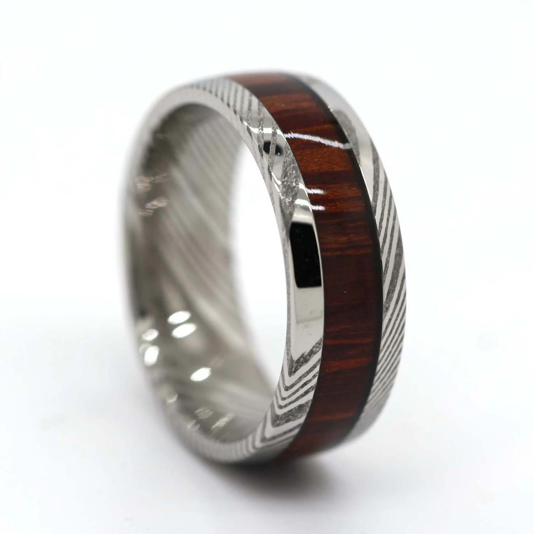 Mens Black Damascus Steel Wedding Ring With Ebony Wood Inlay Ring 1