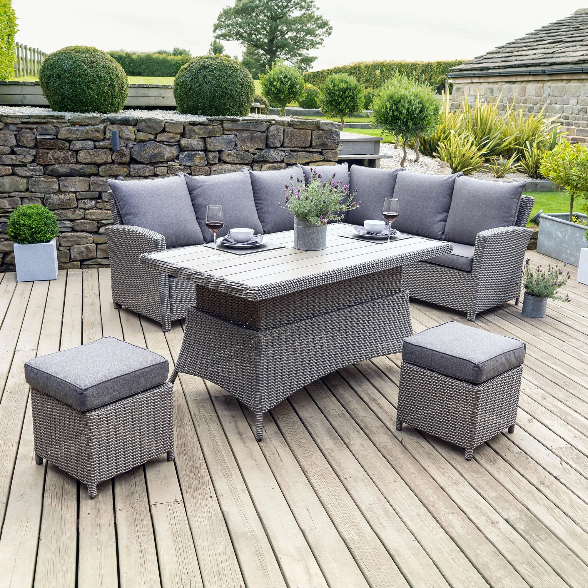 Rattan Patio Furniture Backyard Sofa With Dining Table Wicker Outdoor L-shape Seating Group Garden Corner Sofa With Footstool 1