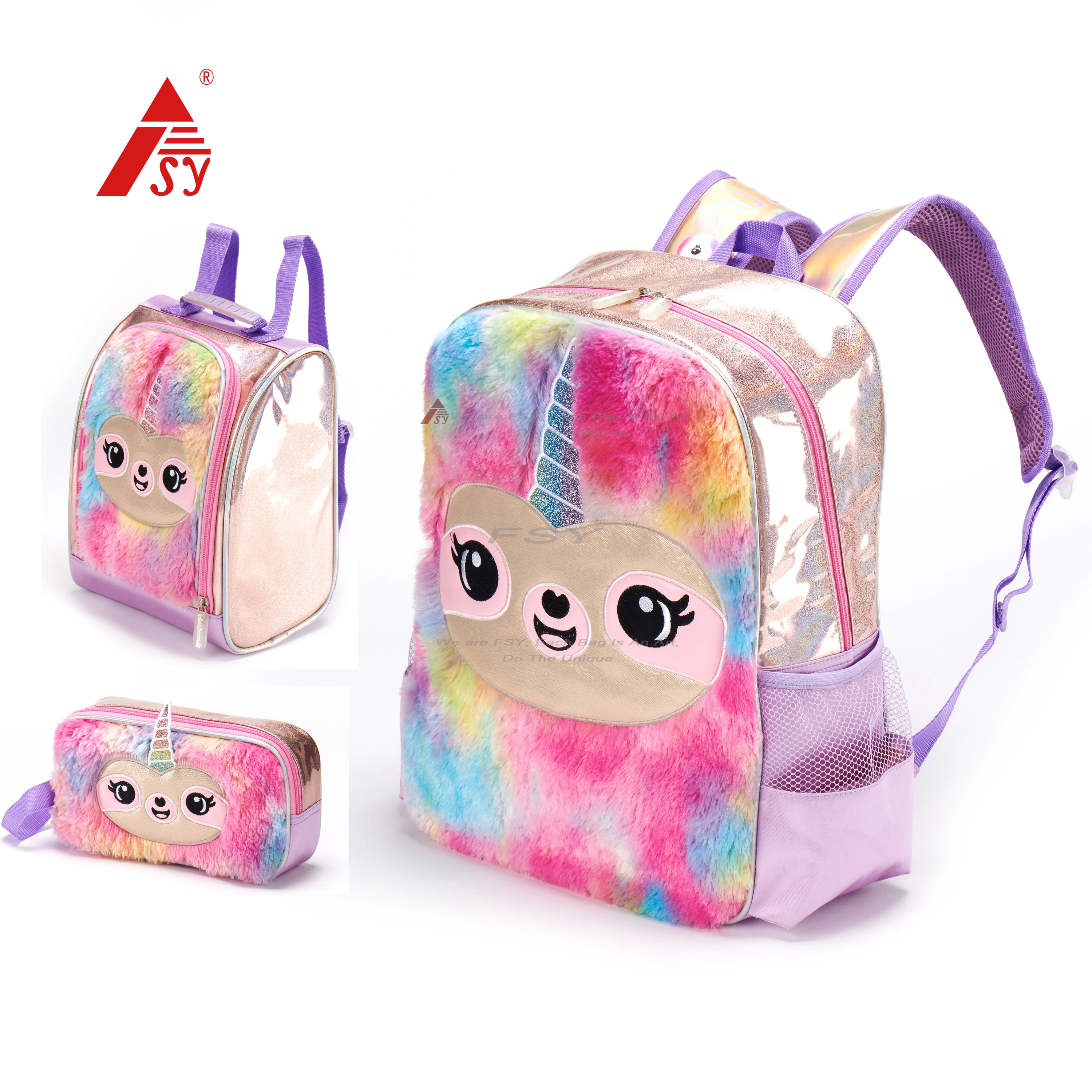 custom backpack manufacturers Kindergarten Soft Plush Backpack 3 Pieces Sets Kids Primary School Unicorn-pattern Backpack  With Lunchbox And Pencil Bag Girls 1