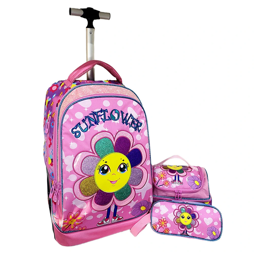 Sunflower School Kids Rolling Backpack 3 Pieces For Girls With 2 Big Wheels Backpack Set Teens Student Trolley Bag Travel Women 1