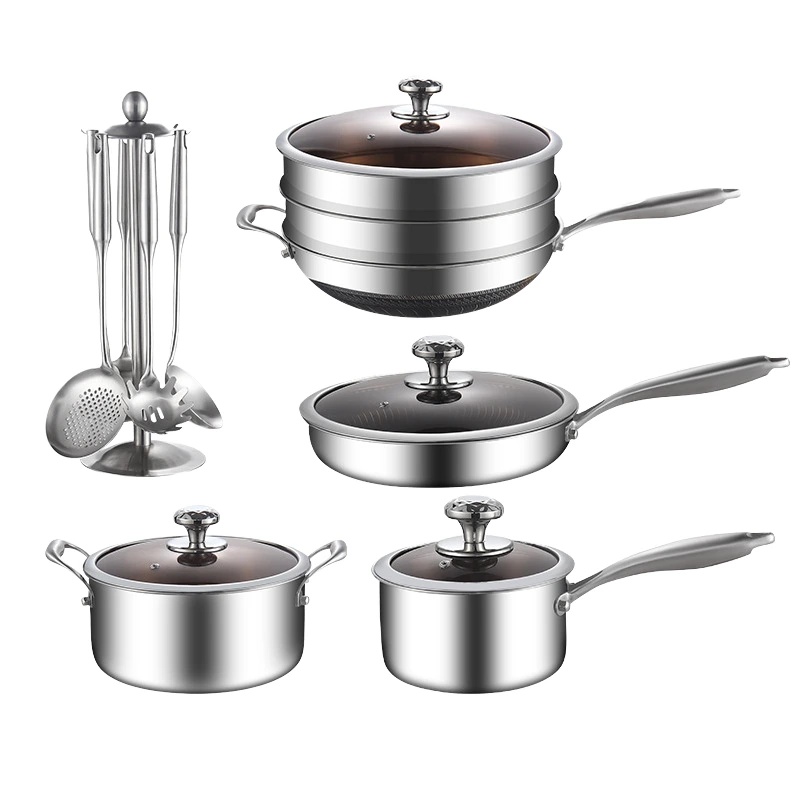 Modern 304 Stainless Steel 16pcs Cookware Set Durable Household Spatula Soup Spoon Wok Thickened Milk Pot Saucepan Metal 1