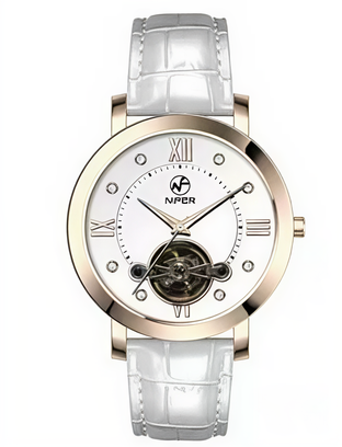 Nifer Damen-Armbanduhr im Halbskelett-Design, Zifferblatt aus Naturmuschel mit römischen Ziffern, Armband aus echtem Krokodilleder, wasserdicht bis 5 ATM, elegante Damenuhr 1