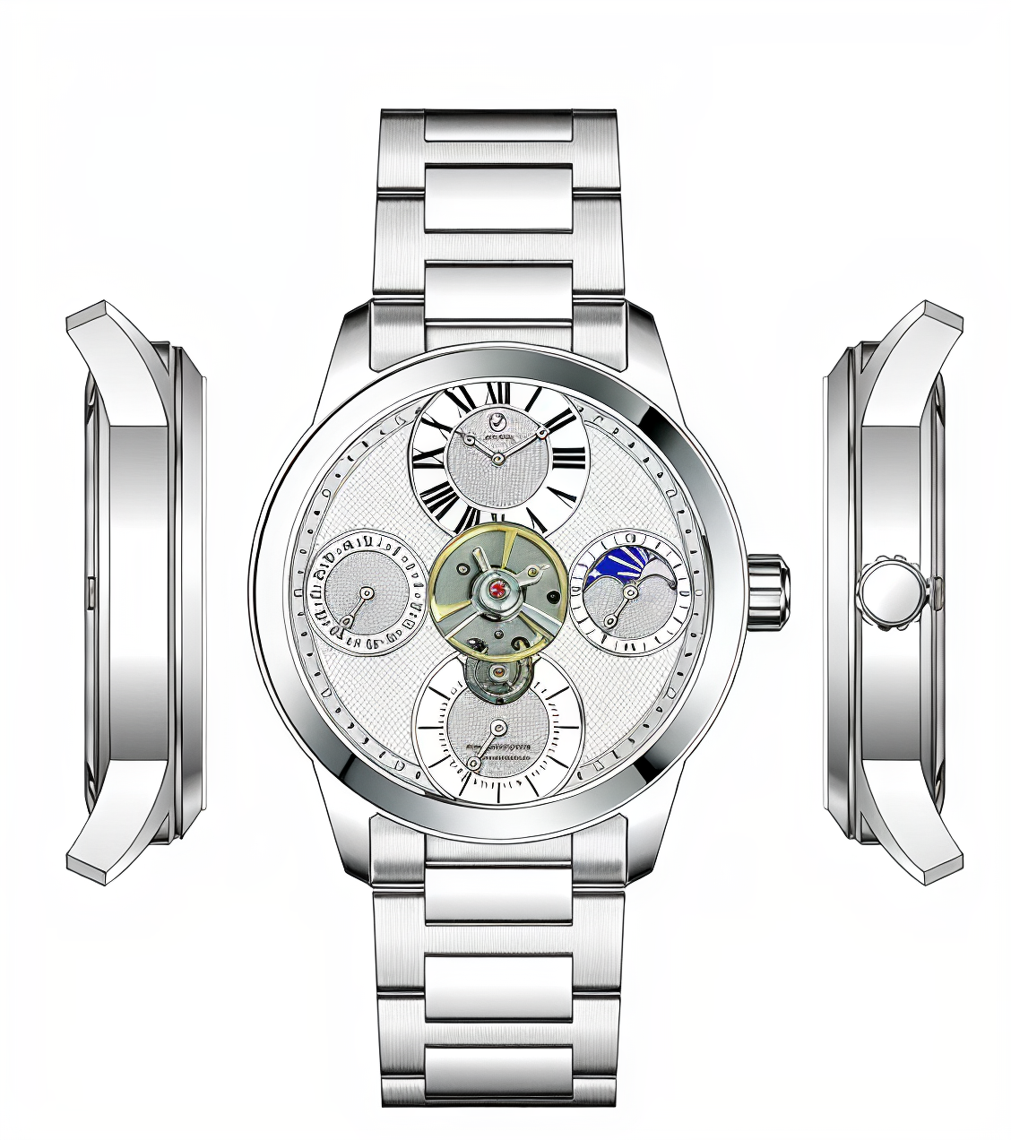 Nifer Herren-Multifunktions-Armbanduhr im Halbskelett-Design mit Mondphasenanzeige, Edelstahlarmband, wasserdicht bis 5 ATM, Business-Uhr 2