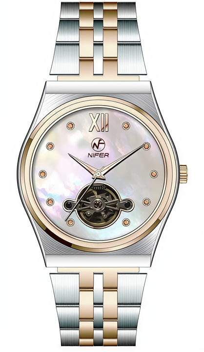 Nifer Damen-Armbanduhr, achteckig, halbskelettiert, mit natürlichem Perlmuttzifferblatt, Edelstahlarmband, wasserdicht bis 5 ATM, elegante Damenuhr 1