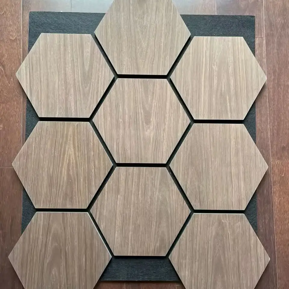 Hexagon Slat Wood Wall Panels with Felt Acoustic Sound-Absorbing Backing 1