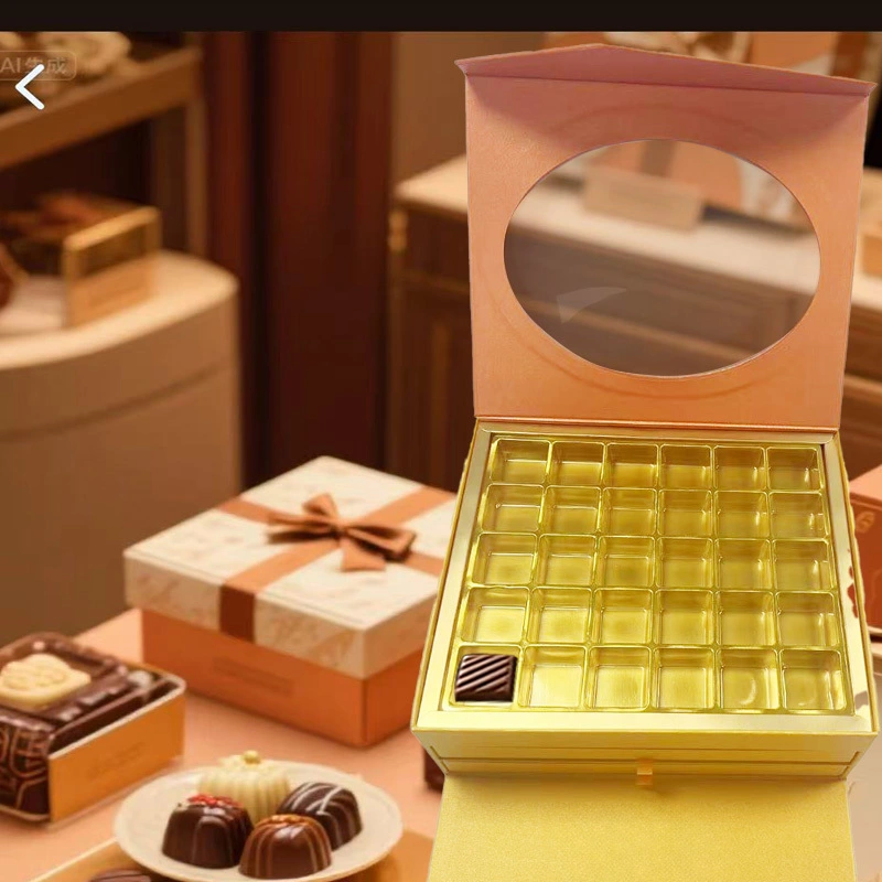 Gold Chocolate Box with Clear Window, Pull-Out Tray & Dividers for Pralines 1