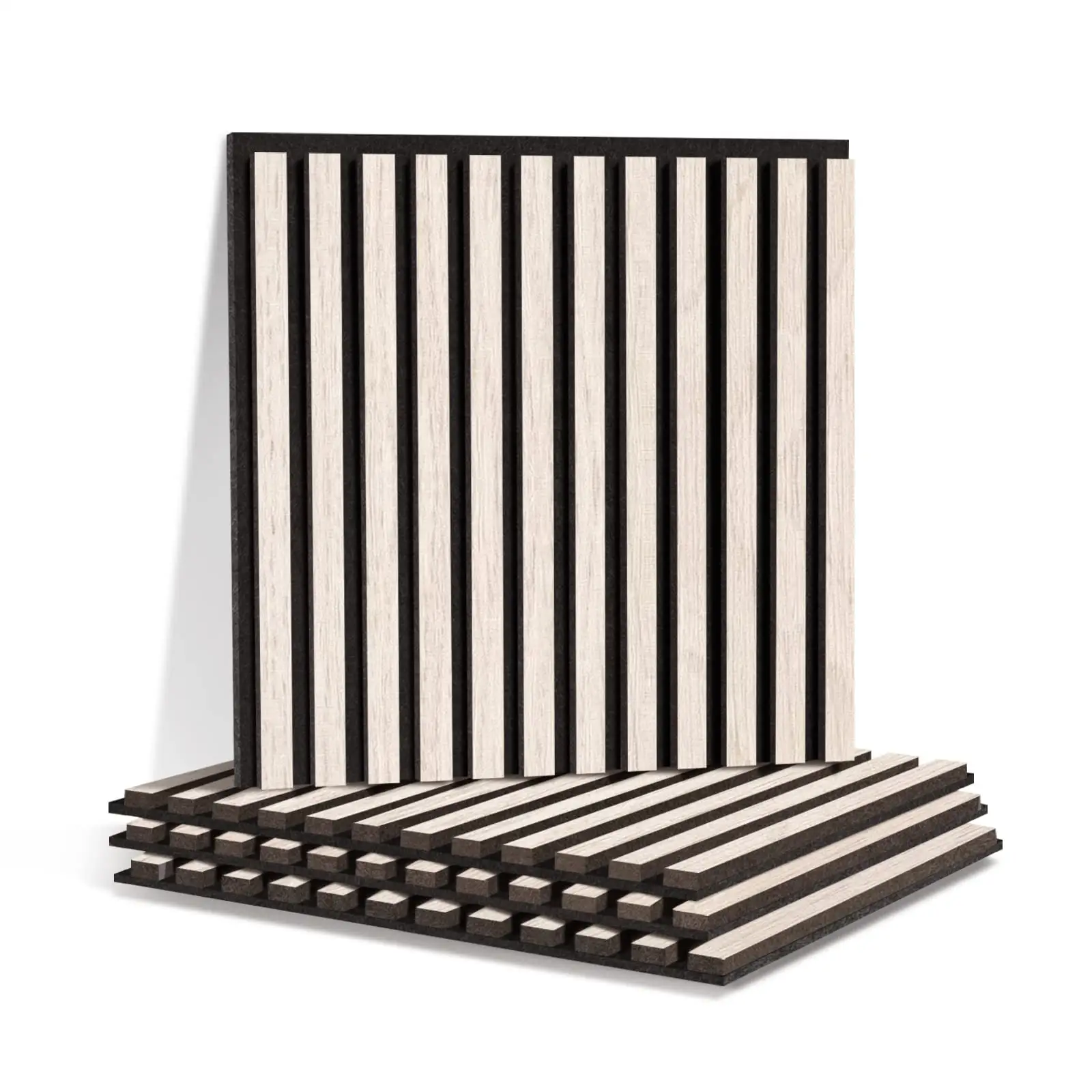 Ivory Wood Veneer Slat Acoustic Panel PET 3D Wood Effect Wall Panel 1