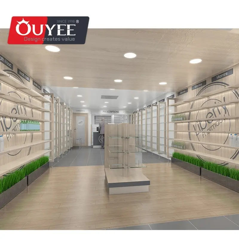 Présentoir rotatif pour pharmacie, étagères de comptoir en acier et verre 1