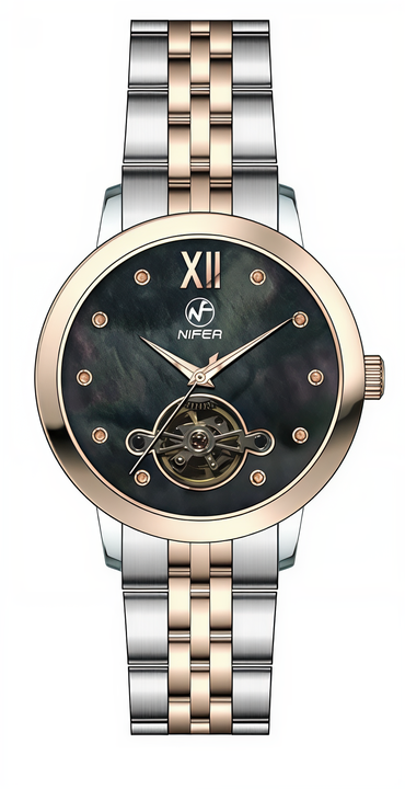 Nifer Runde Damen-Armbanduhr mit halbskelettiertem Gehäuse, Zifferblatt aus natürlichem Perlmutt, Edelstahlarmband, wasserdicht bis 5 ATM, elegante Abenduhr 1