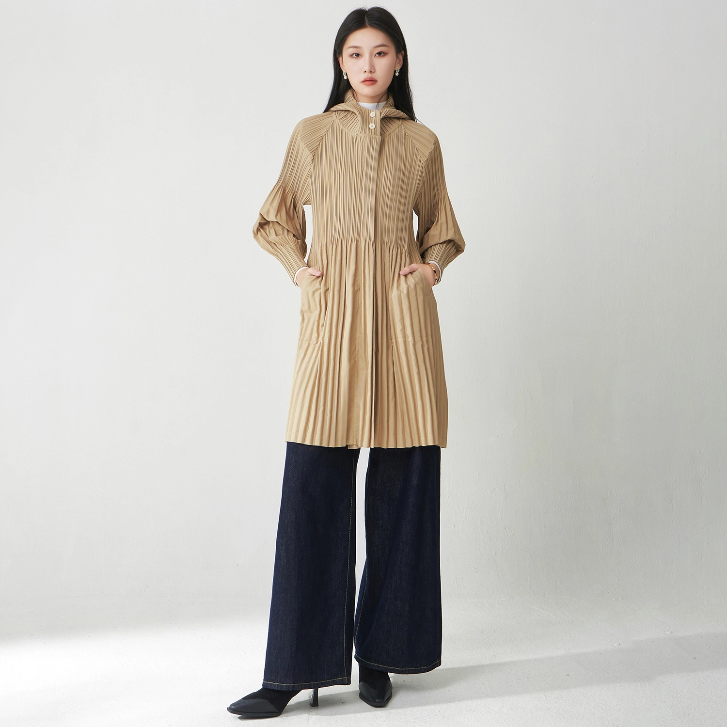  – Veste plissée mi-longue pour femme, manteau tendance, fermeture éclair, coupe-vent décontracté, vente en gros, collection automne 2025 1