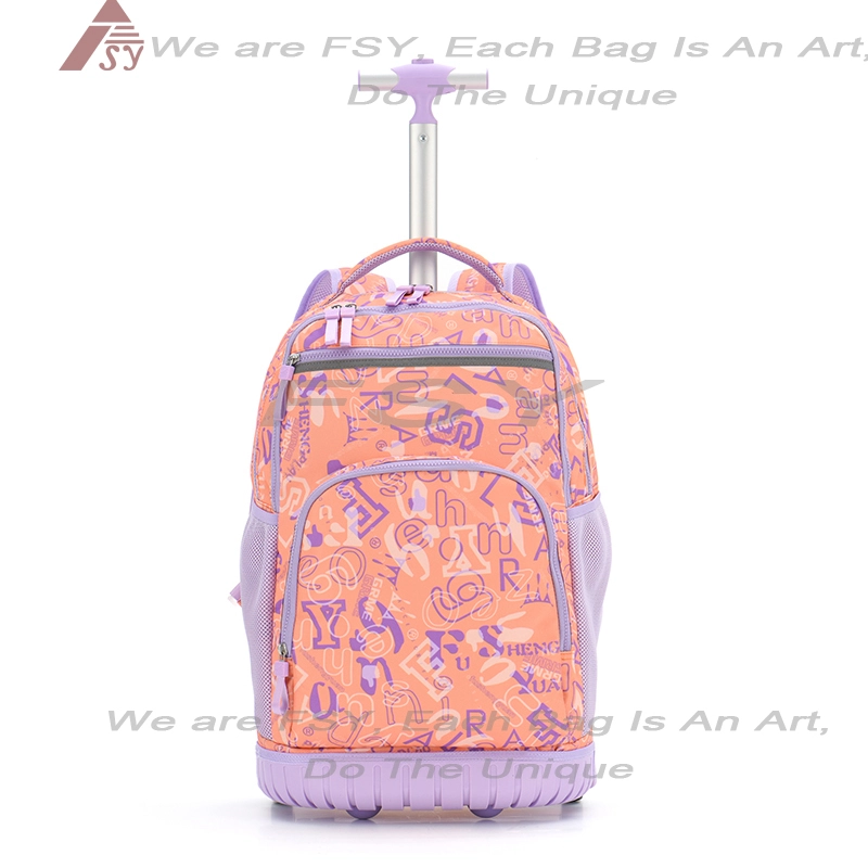 Customized 600d Polyester Printing School Bags Wheels Girls Orange Kids Trolley Bag Wheels Backpack For Travel 1