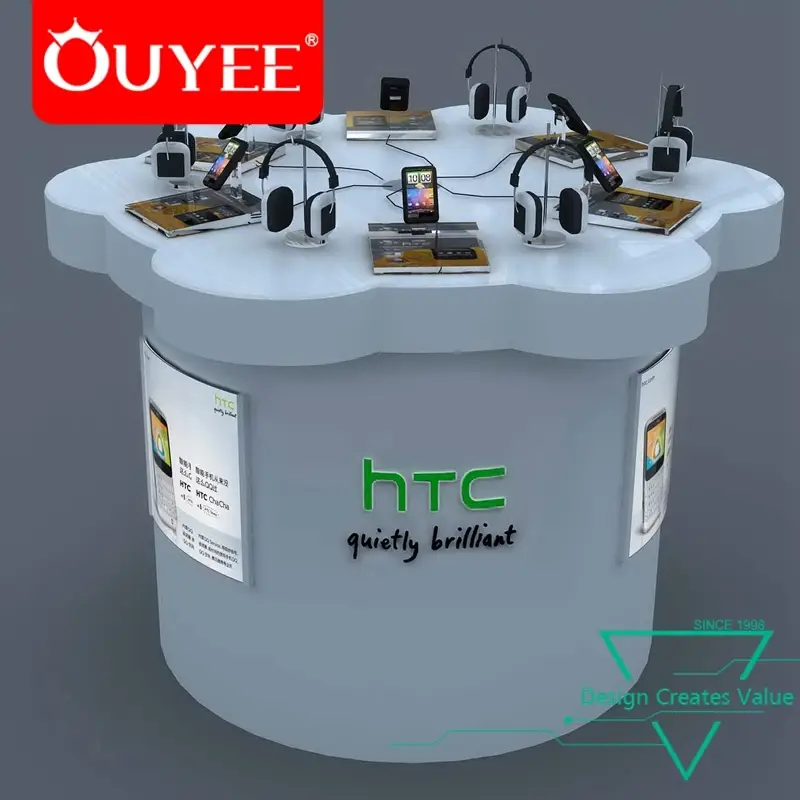 Móveis personalizados para lojas de móveis. Mesa redonda de madeira para exposição de celulares. 1