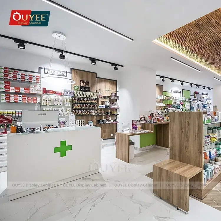 Maßgefertigtes, professionelles Kosmetik-Präsentationsregal für Apotheken mit Holzbank 1