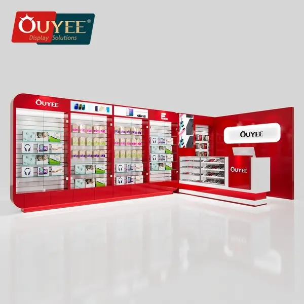 خزانة عرض هواتف محمولة زجاجية حمراء مصممة خصيصًا لعداد البيع بالتجزئة 1