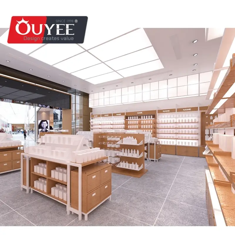 Prateleiras e expositores de madeira para farmácia com sistema de gavetas 1