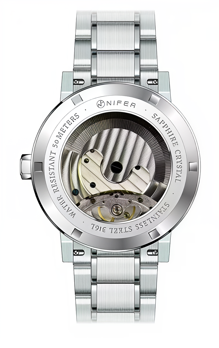 Nifer Minimalistische Herren-Skelett-Armbanduhr, mechanische Armbanduhr mit zwei Hilfszifferblättern, Edelstahlarmband, wasserdicht bis 5 ATM, Business-Uhr 2