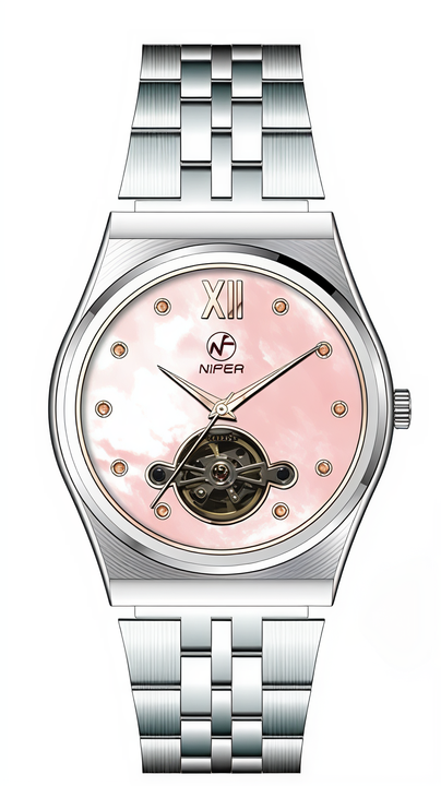 Nifer Damen-Armbanduhr, achteckig, halbskelettiert, mit natürlichem Perlmuttzifferblatt, Edelstahlarmband, wasserdicht bis 5 ATM, elegante Damenuhr 3
