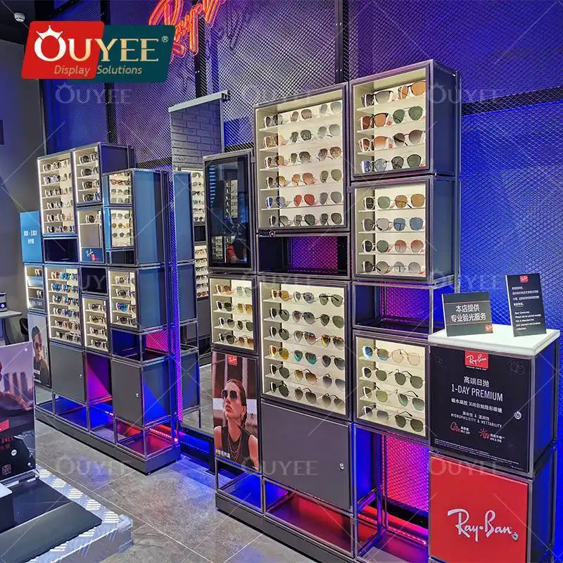 رف أرضي خشبي متعدد الطبقات أبيض اللون للنظارات الشمسية بإطار معدني 1