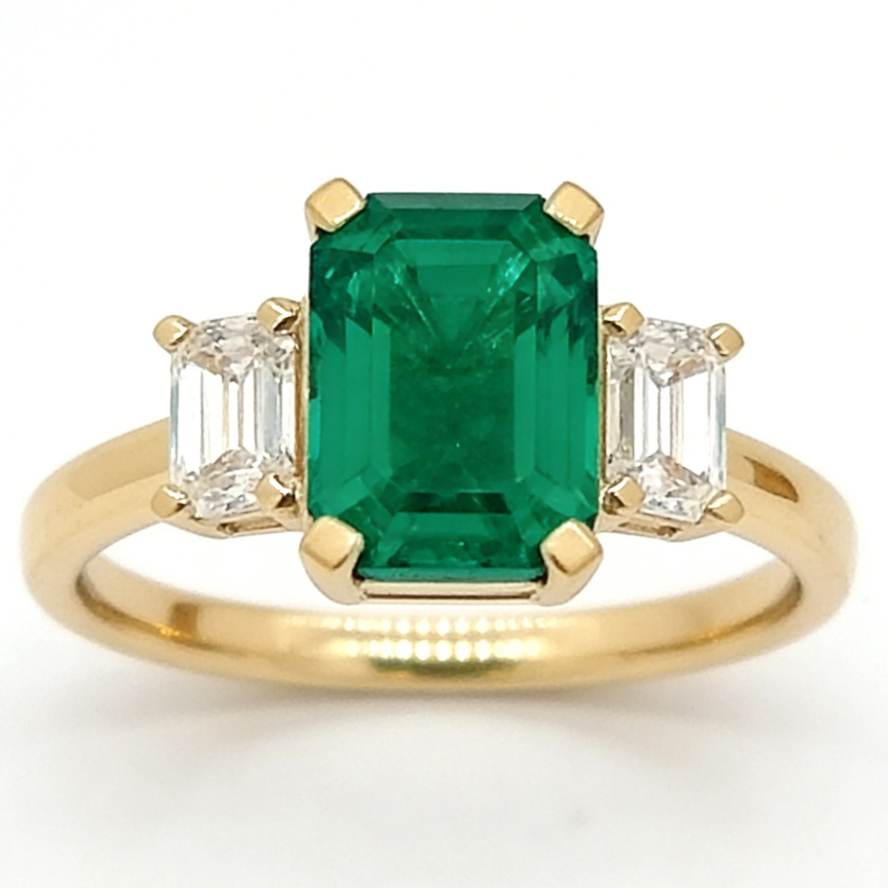 Emerald Cut Green Gemstone 18k Yellow Gold Engagement Ring Three Stone Baguette Diamond Wedding Band For Her 1