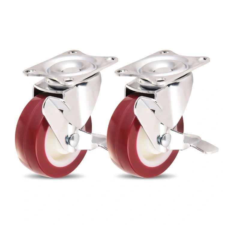 Low Freight Red 2 3 Inch Swivel Total Brake Trolley Locking Lihgt Duty Pu 35-65kg Load-bearing Furniture Caster Wheels 1