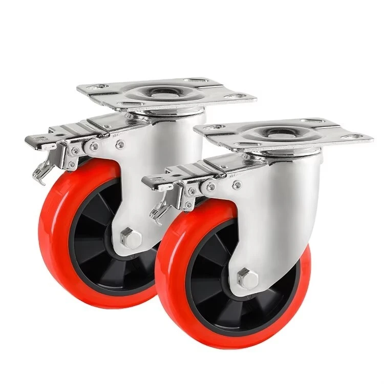 Factory Directly High Quality Red 3inch Swivel Caster Wheel Double Brake Pu Castor Mid Heavy Duty Caster 120-200kg For Trolley 1