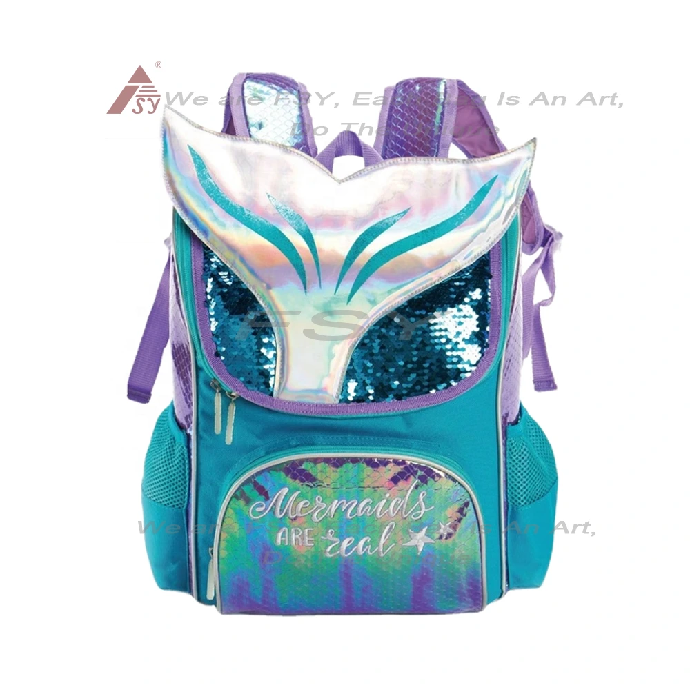 High Quality Custom Kids Cartoon Students For Girls Mermaid School Bags Set With Double Sequins Blue Student Book Bag Backpack 1