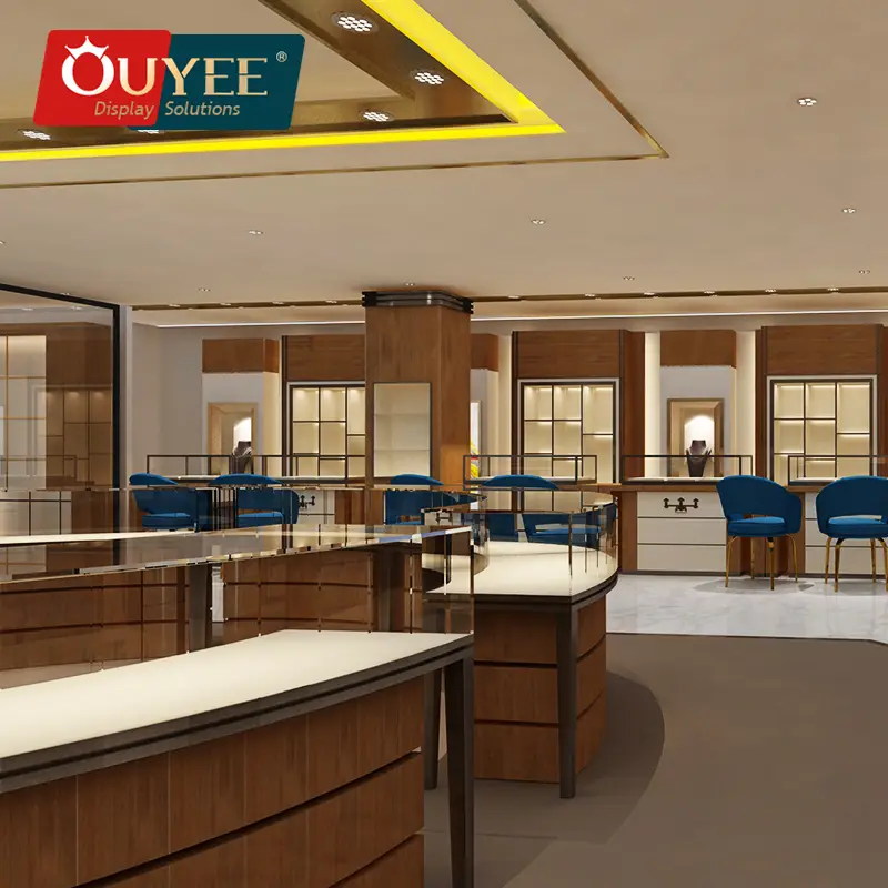 Maßgefertigte Schmuckvitrine aus Glas für den Großhandel, Gondel aus Goldstahl 1