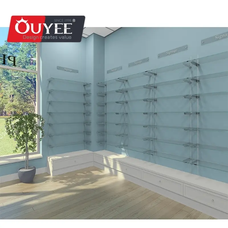 Prateleiras de vidro personalizadas para exposição de produtos farmacêuticos na parede. 1