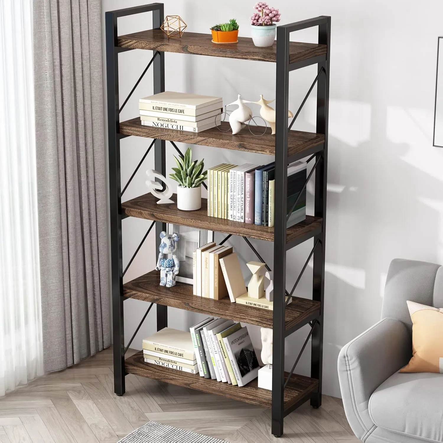 Industrial Metal Mesh Bookrack with Wooden Bookshelf and Open Cabinet for Lofts Bookcase 1
