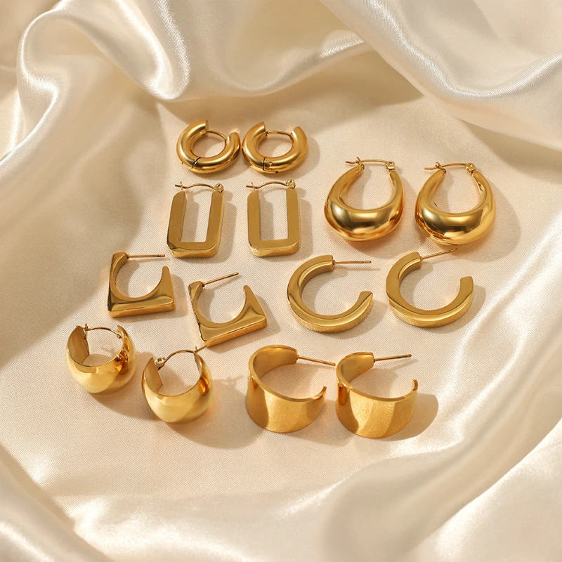 Women Chunky Hoop Stainless Steel Earrings 14k Gold Plated Geometric Statement Stud 1